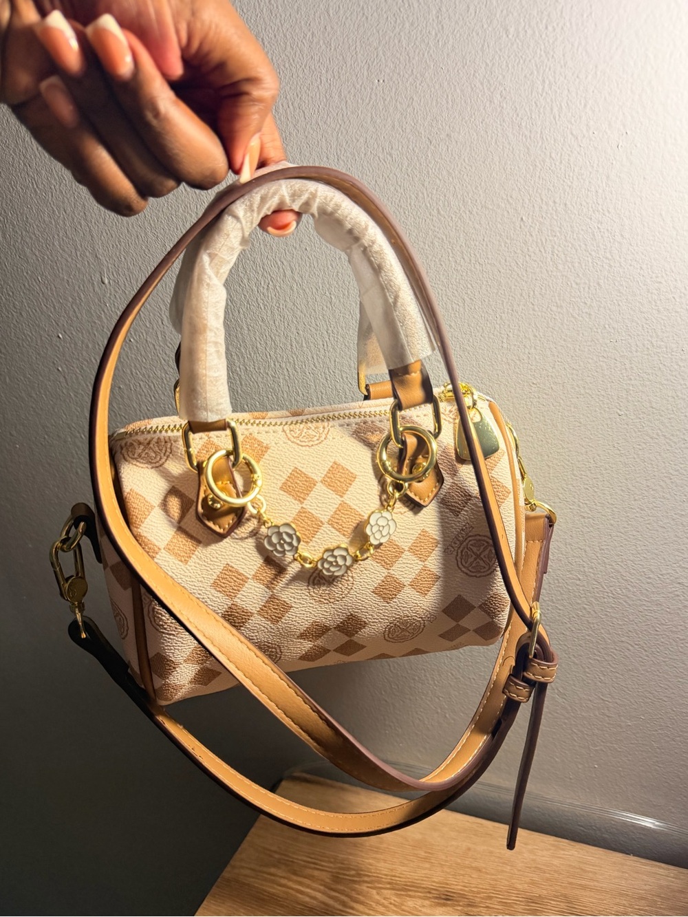Cream Checkered Top-Handle Bag with Floral Chain Accent